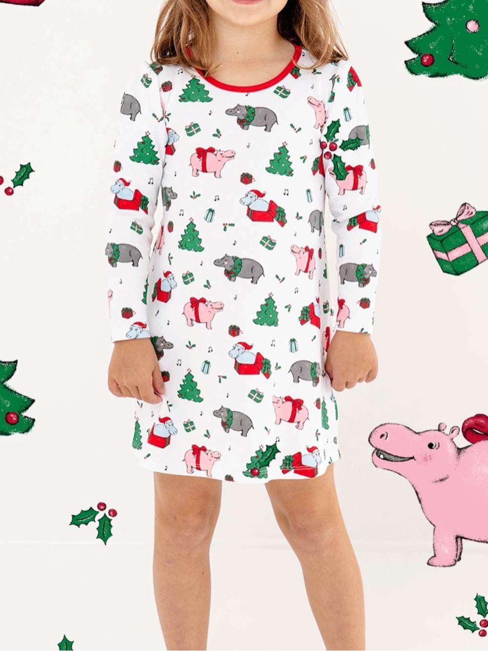 The Beaufort Bonnet Company White Holiday Hippo Print Nightgown with Red Trim
